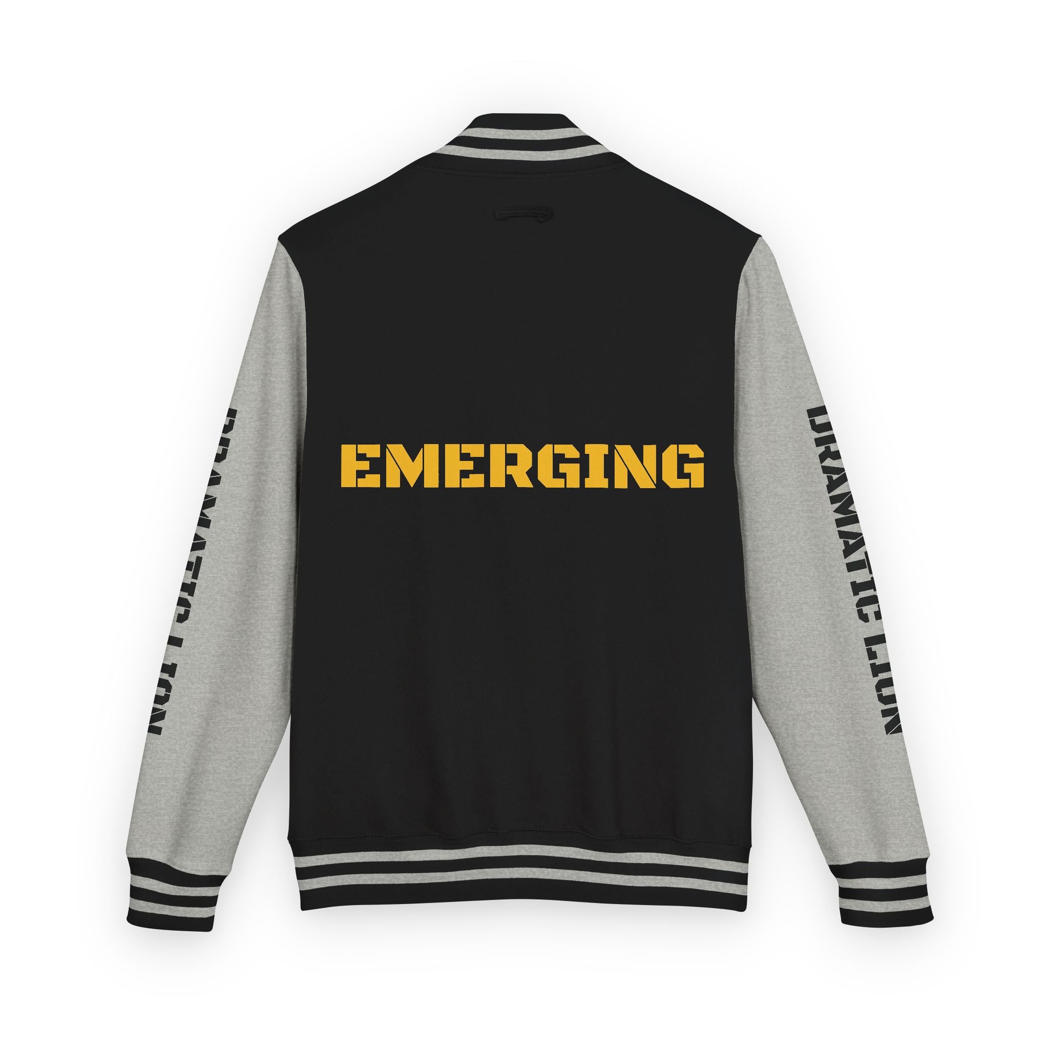 Burgundy and heather gray varsity letterman jacket front view with snap-front closure, striped rib-knit trim, front welt pockets, and circular DRAMATIC LION chest graphic
