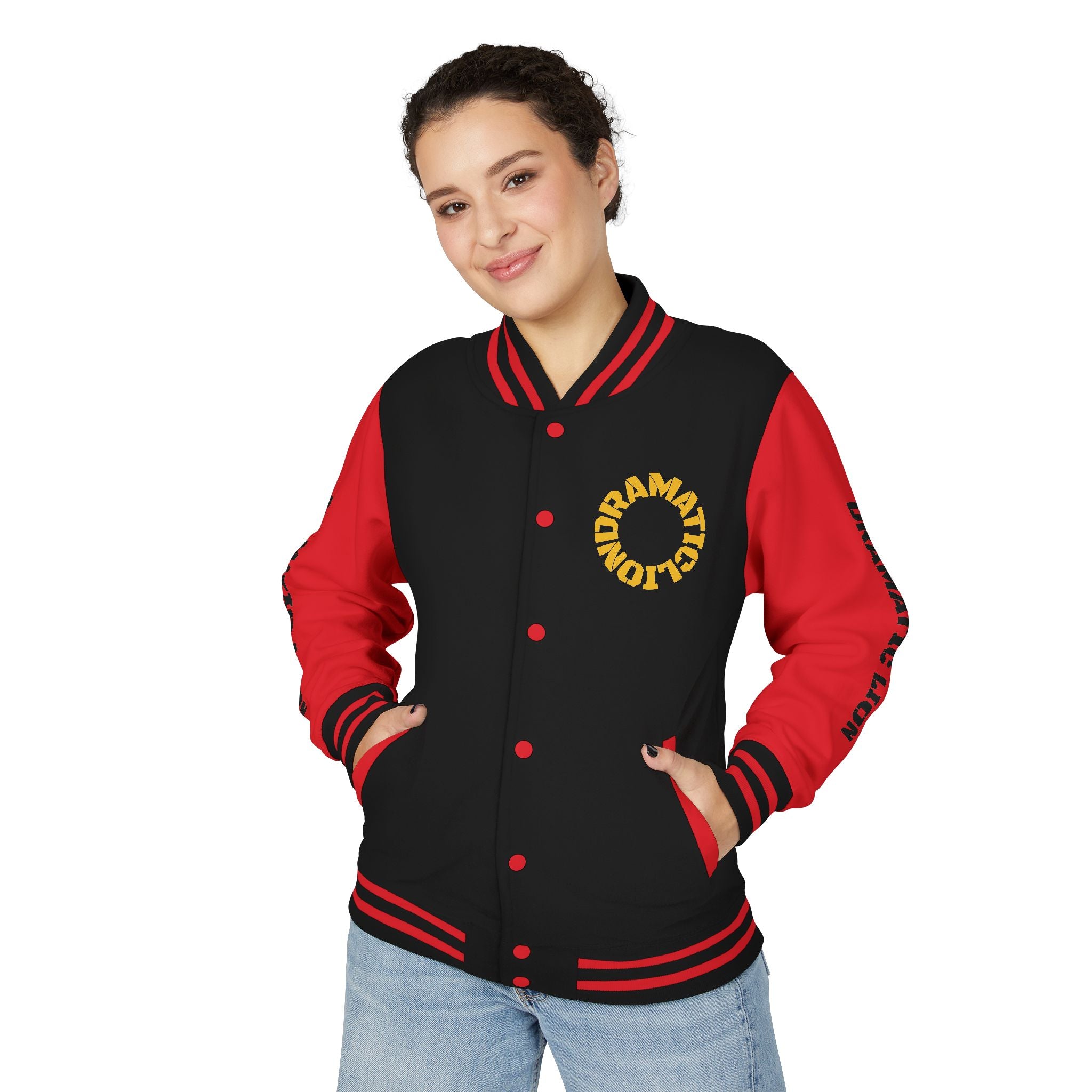 Burgundy and heather gray varsity letterman jacket front view with snap-front closure, striped rib-knit trim, front welt pockets, and circular DRAMATIC LION chest graphic