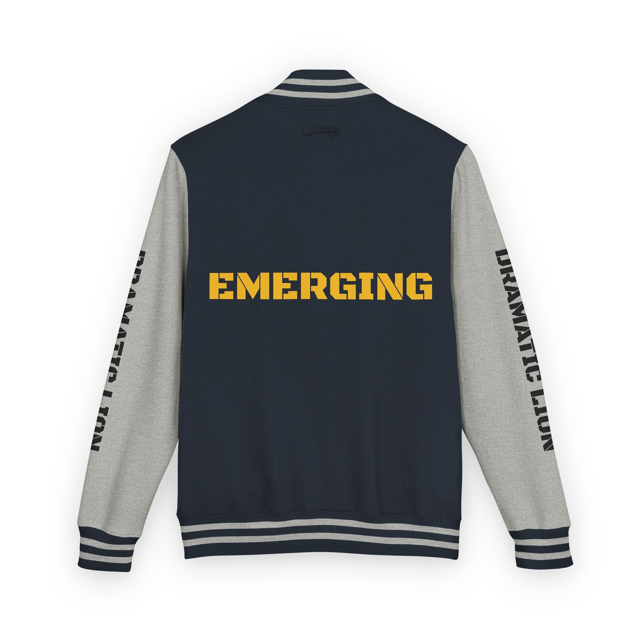 Burgundy and heather gray varsity letterman jacket front view with snap-front closure, striped rib-knit trim, front welt pockets, and circular DRAMATIC LION chest graphic