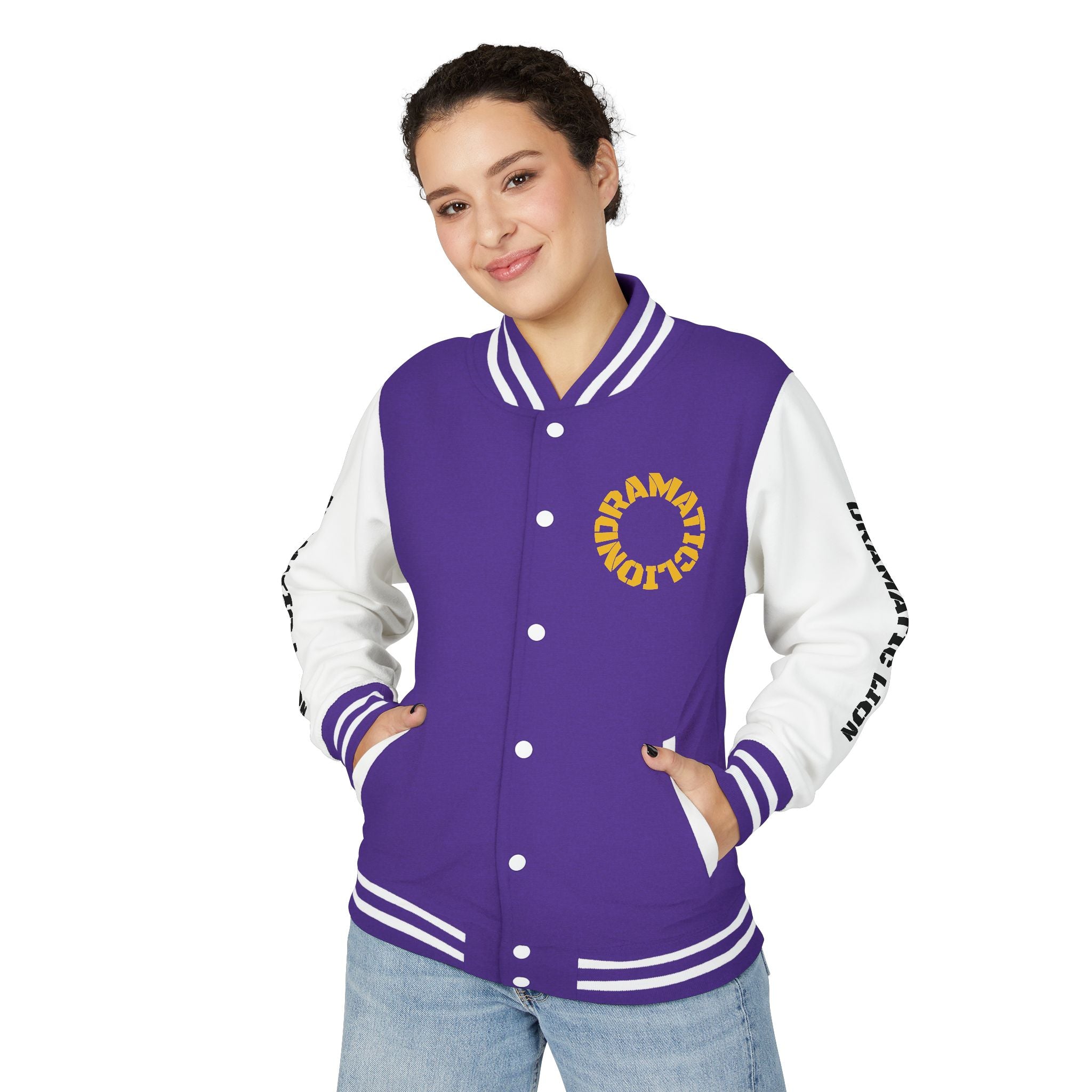 Burgundy and heather gray varsity letterman jacket front view with snap-front closure, striped rib-knit trim, front welt pockets, and circular DRAMATIC LION chest graphic