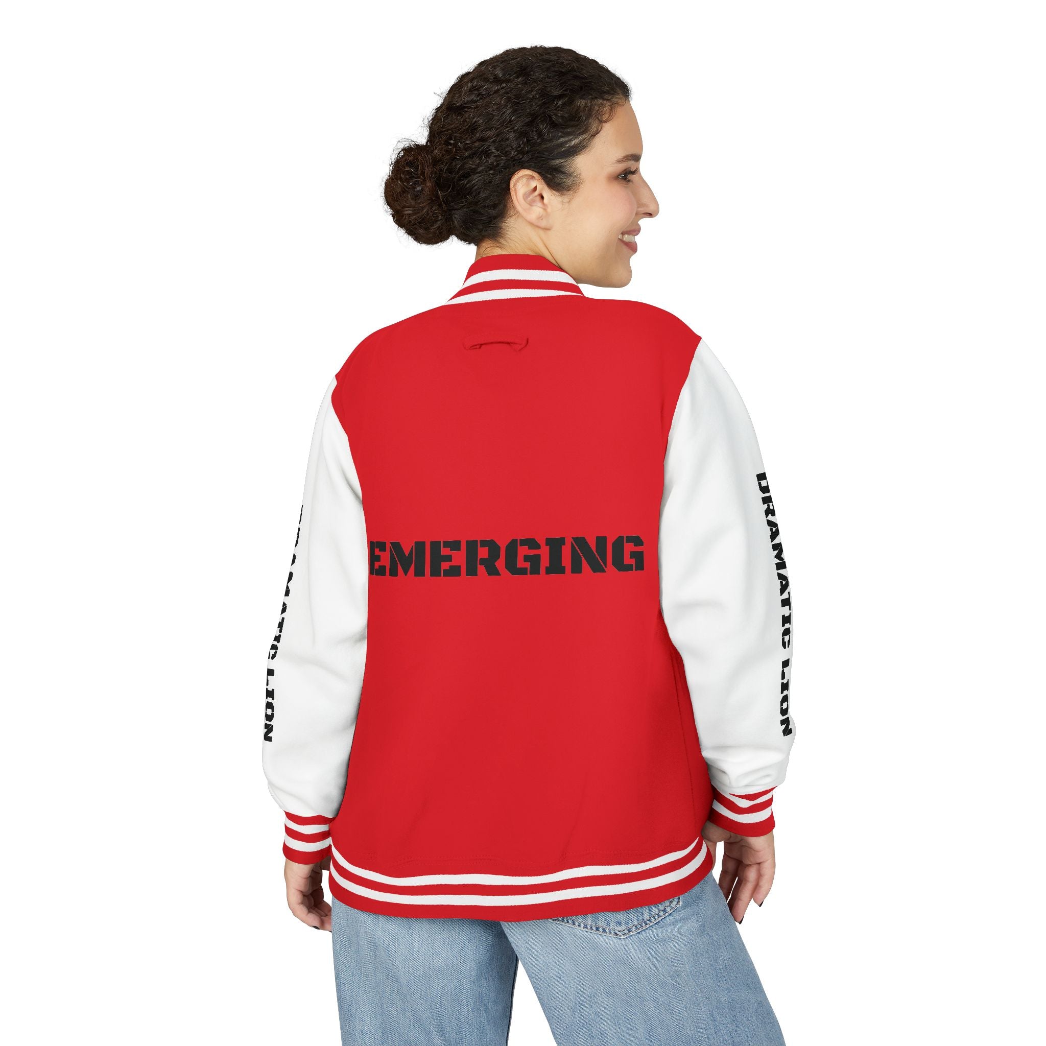 Burgundy and heather gray varsity letterman jacket front view with snap-front closure, striped rib-knit trim, front welt pockets, and circular DRAMATIC LION chest graphic