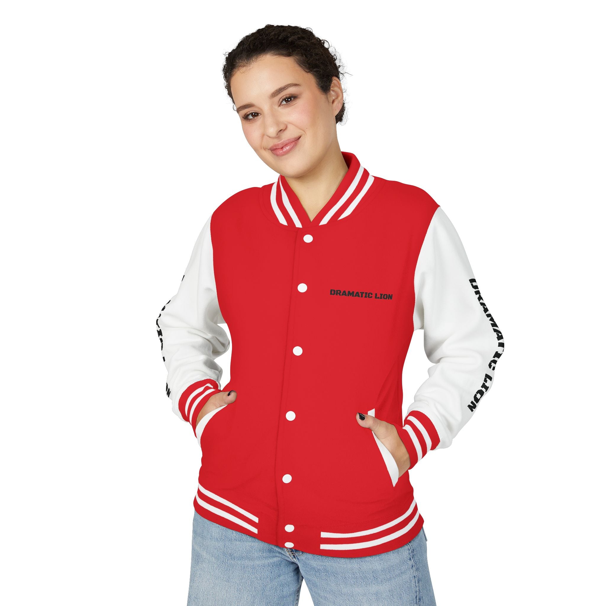 Burgundy and heather gray varsity letterman jacket front view with snap-front closure, striped rib-knit trim, front welt pockets, and circular DRAMATIC LION chest graphic