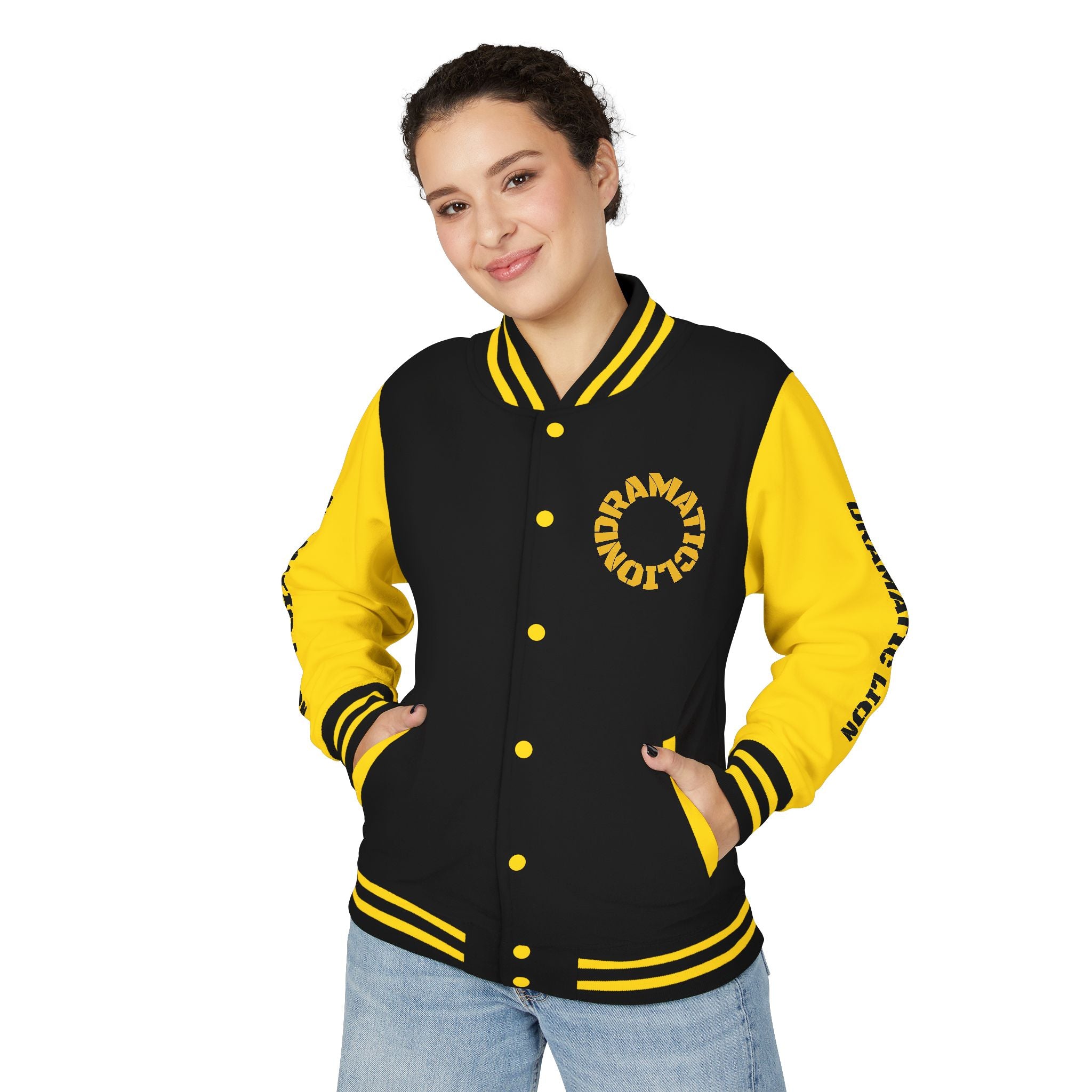Burgundy and heather gray varsity letterman jacket front view with snap-front closure, striped rib-knit trim, front welt pockets, and circular DRAMATIC LION chest graphic