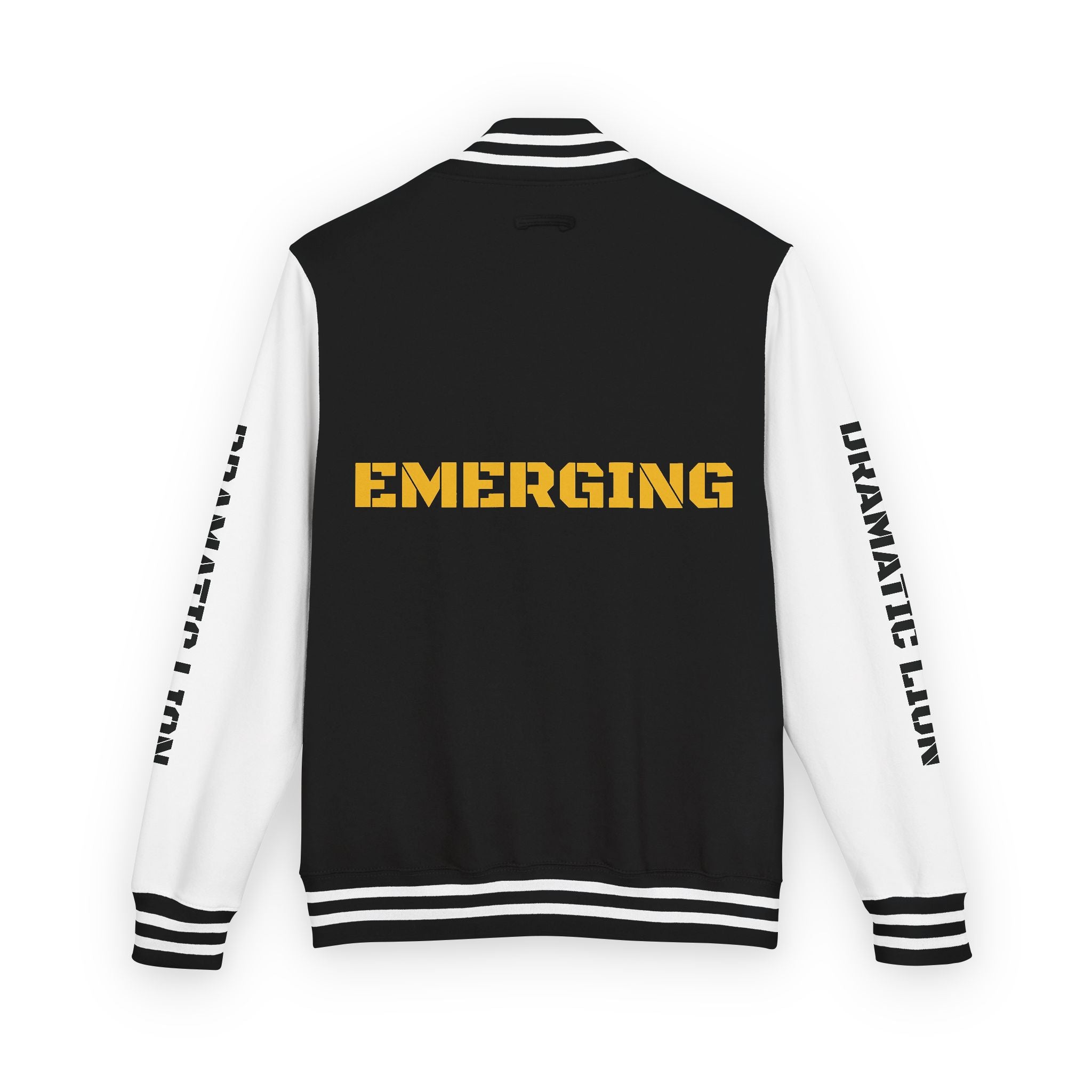 Burgundy and heather gray varsity letterman jacket front view with snap-front closure, striped rib-knit trim, front welt pockets, and circular DRAMATIC LION chest graphic