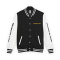 Burgundy and heather gray varsity letterman jacket front view with snap-front closure, striped rib-knit trim, front welt pockets, and circular DRAMATIC LION chest graphic
