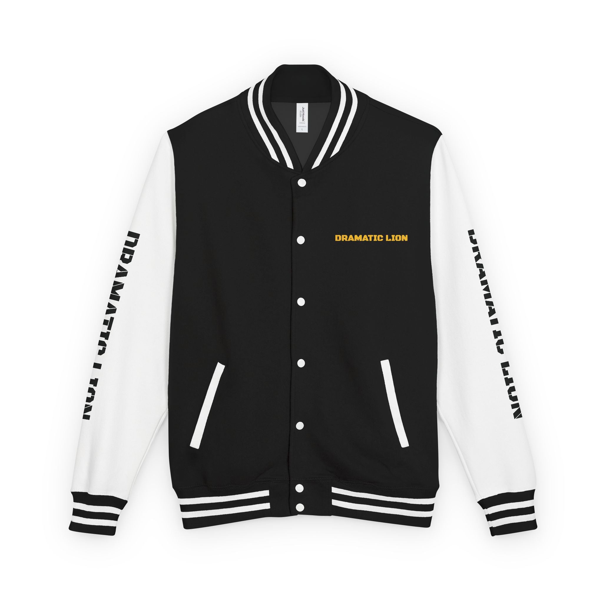 Burgundy and heather gray varsity letterman jacket front view with snap-front closure, striped rib-knit trim, front welt pockets, and circular DRAMATIC LION chest graphic