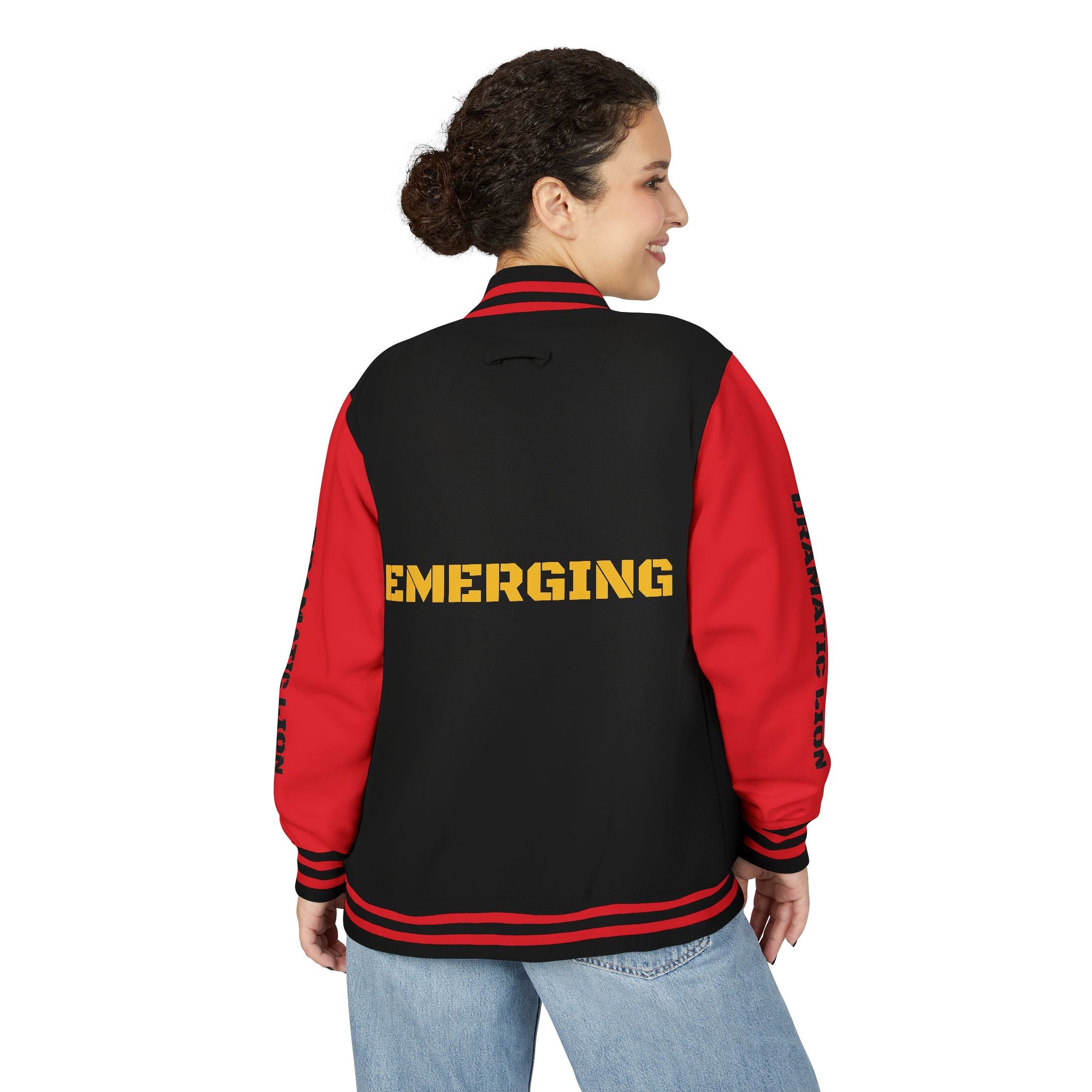 Burgundy and heather gray varsity letterman jacket front view with snap-front closure, striped rib-knit trim, front welt pockets, and circular DRAMATIC LION chest graphic