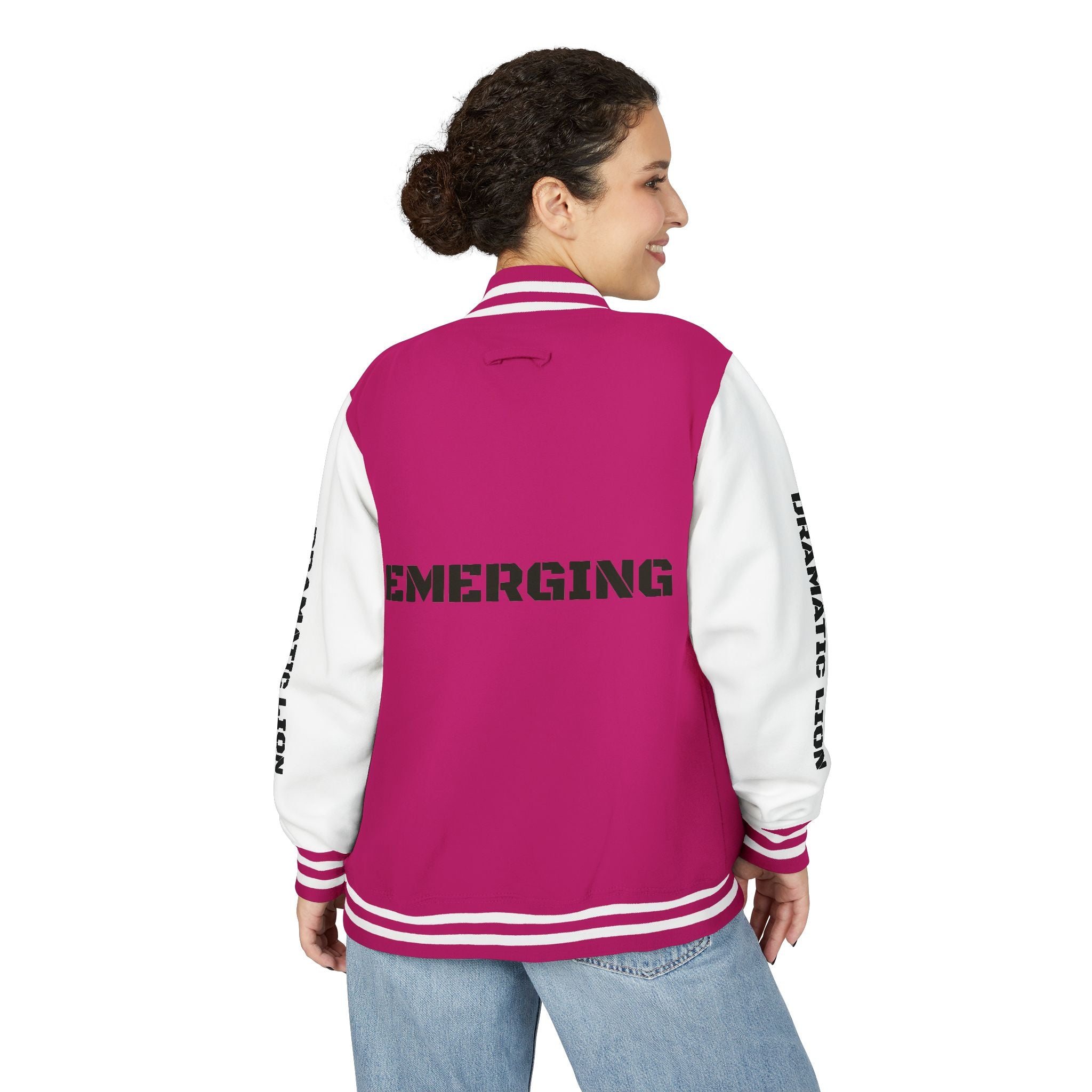 Burgundy and heather gray varsity letterman jacket front view with snap-front closure, striped rib-knit trim, front welt pockets, and circular DRAMATIC LION chest graphic