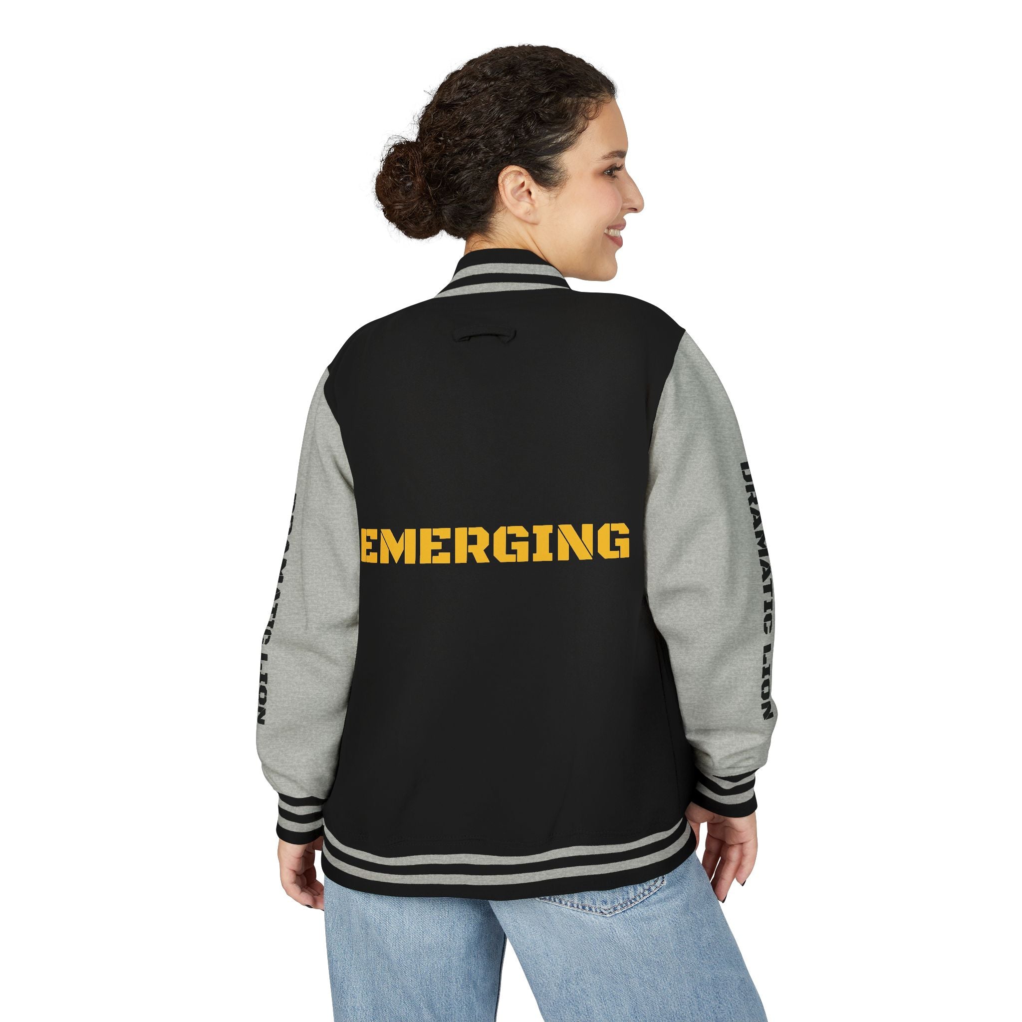 Burgundy and heather gray varsity letterman jacket front view with snap-front closure, striped rib-knit trim, front welt pockets, and circular DRAMATIC LION chest graphic