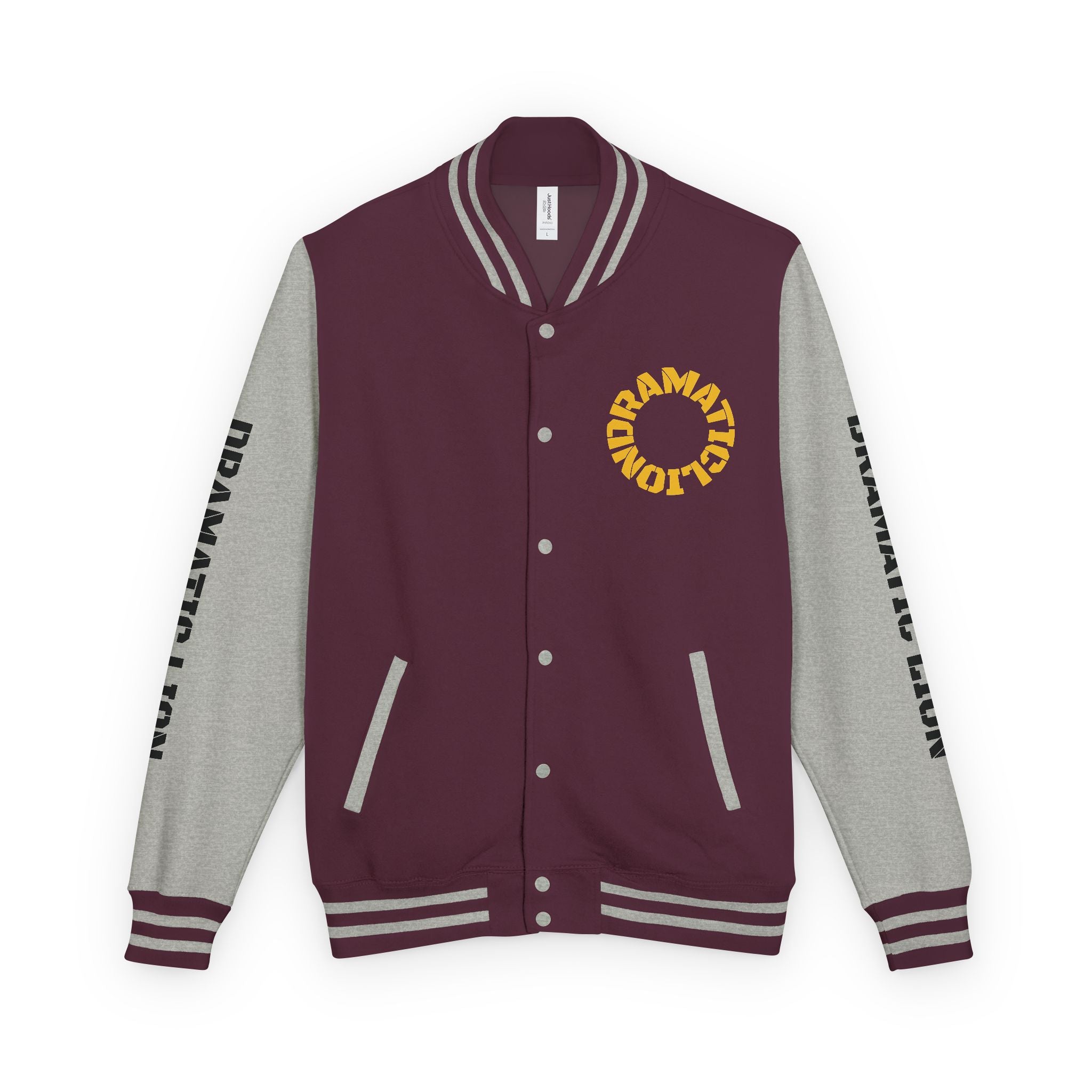 Burgundy body and heather gray sleeve varsity letterman jacket, front view, with silver snap-front closure, striped rib-knit collar cuffs and hem, angled welt pockets, black sleeve text graphics, and yellow circular DRAMATIC LION chest graphic