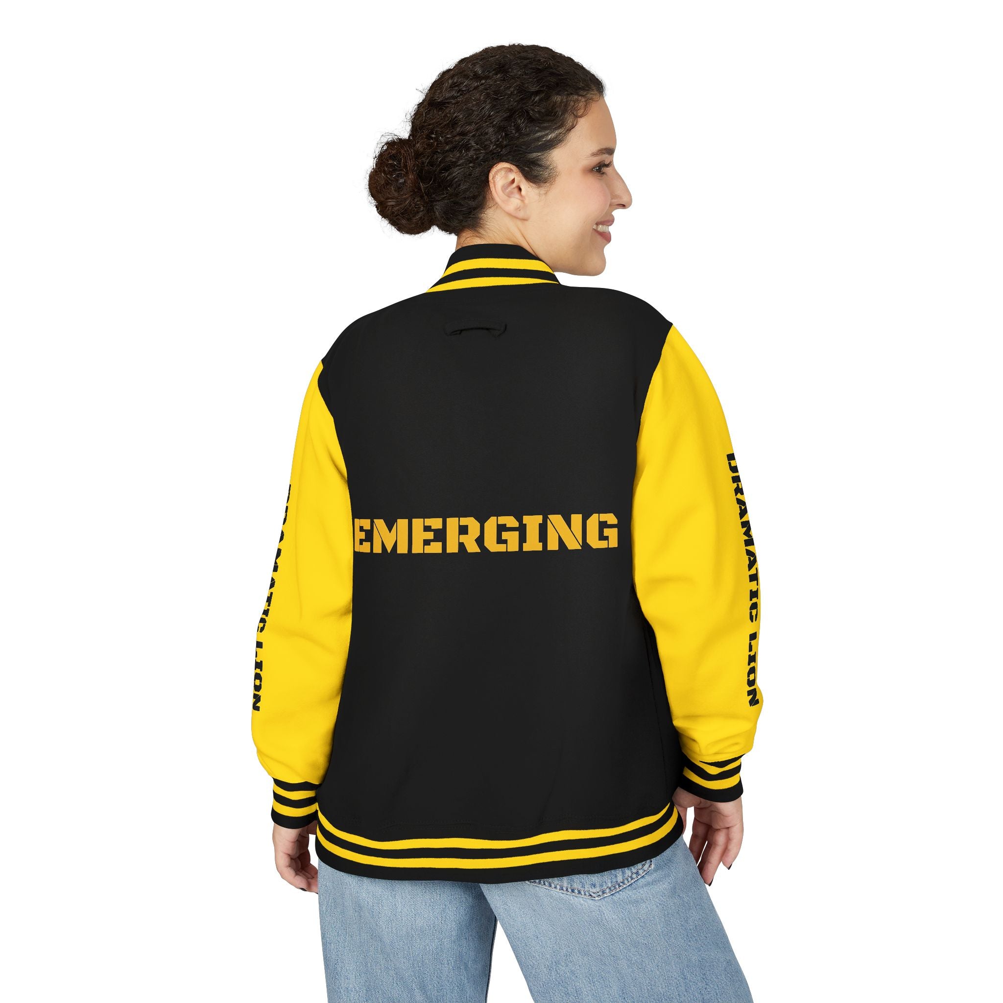 Burgundy and heather gray varsity letterman jacket front view with snap-front closure, striped rib-knit trim, front welt pockets, and circular DRAMATIC LION chest graphic