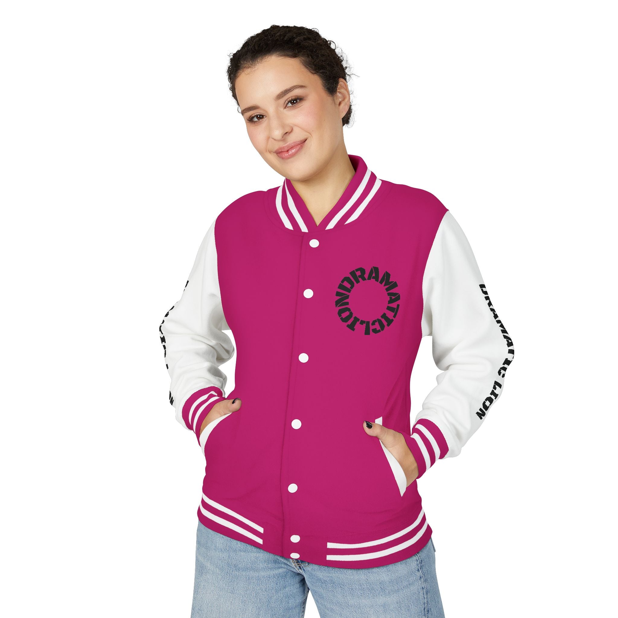 Burgundy and heather gray varsity letterman jacket front view with snap-front closure, striped rib-knit trim, front welt pockets, and circular DRAMATIC LION chest graphic
