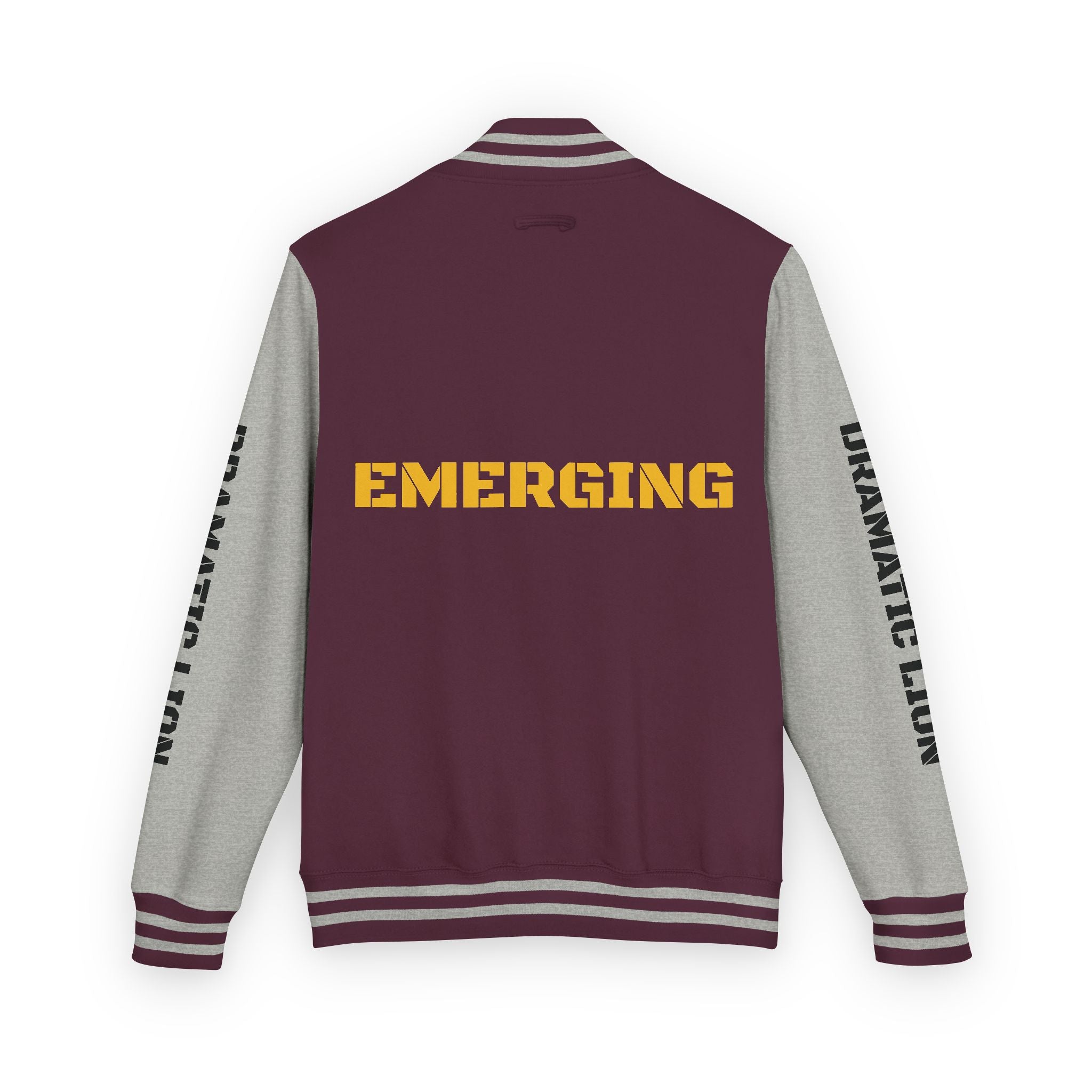 Burgundy and heather gray varsity letterman jacket front view with snap-front closure, striped rib-knit trim, front welt pockets, and circular DRAMATIC LION chest graphic