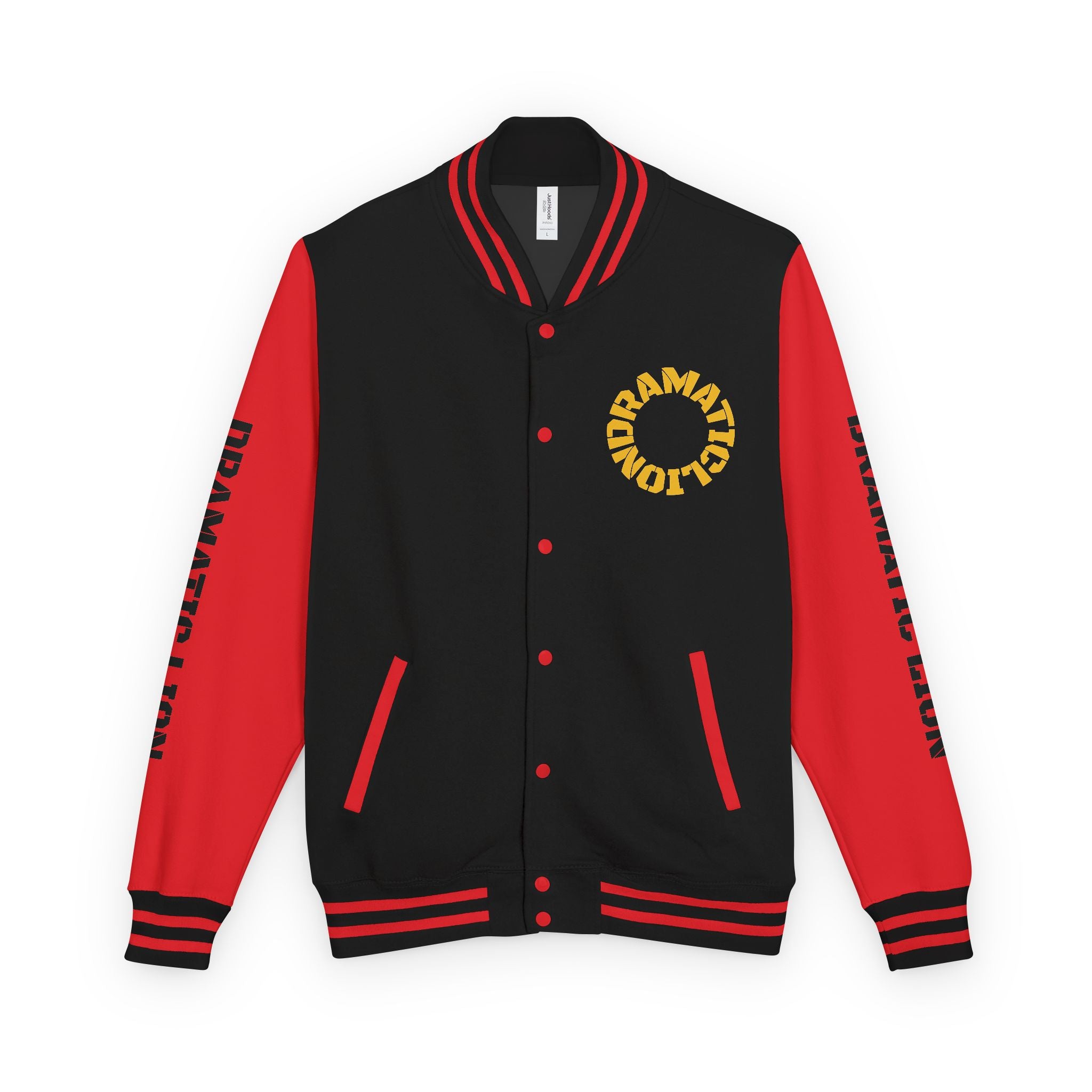 Burgundy and heather gray varsity letterman jacket front view with snap-front closure, striped rib-knit trim, front welt pockets, and circular DRAMATIC LION chest graphic
