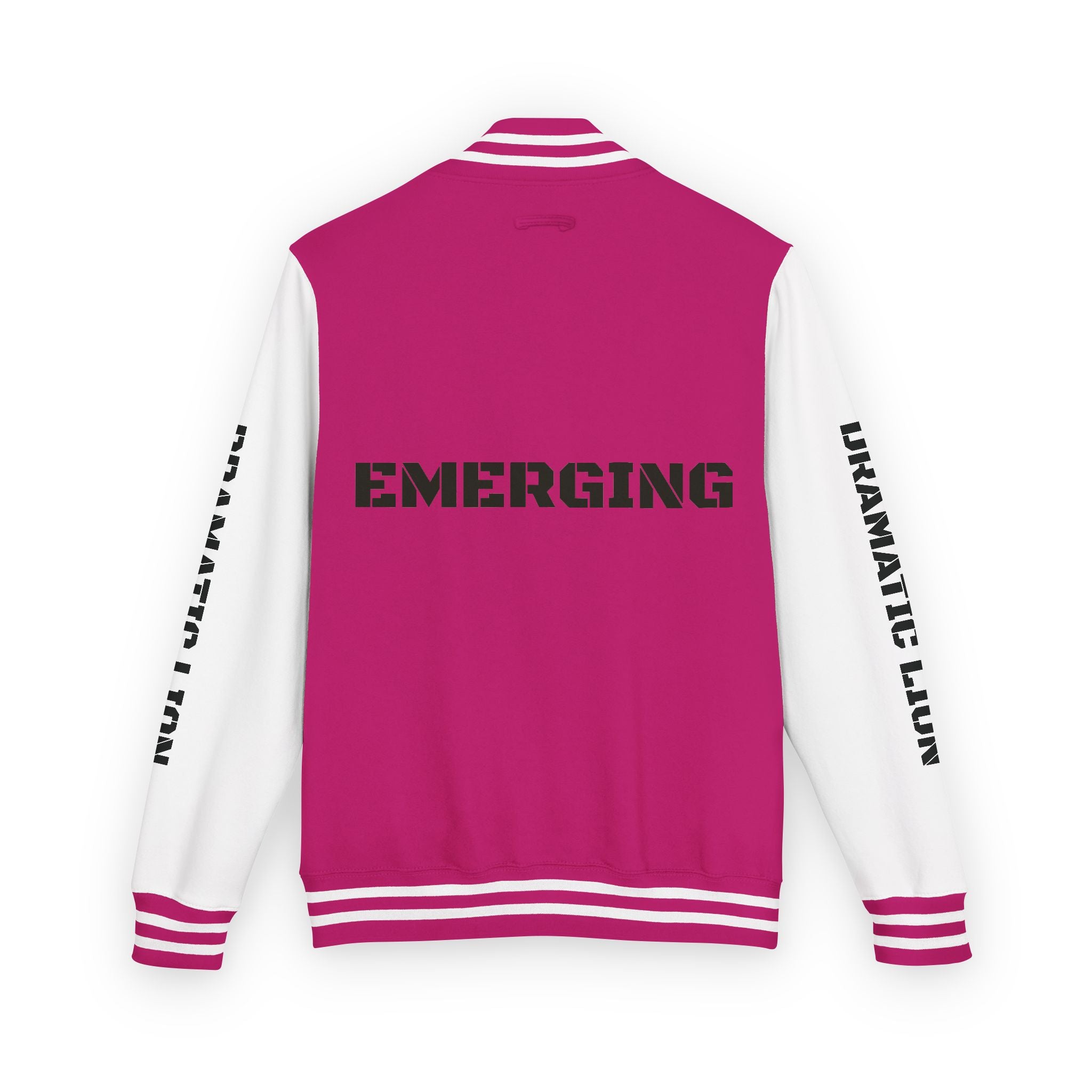 Burgundy and heather gray varsity letterman jacket front view with snap-front closure, striped rib-knit trim, front welt pockets, and circular DRAMATIC LION chest graphic