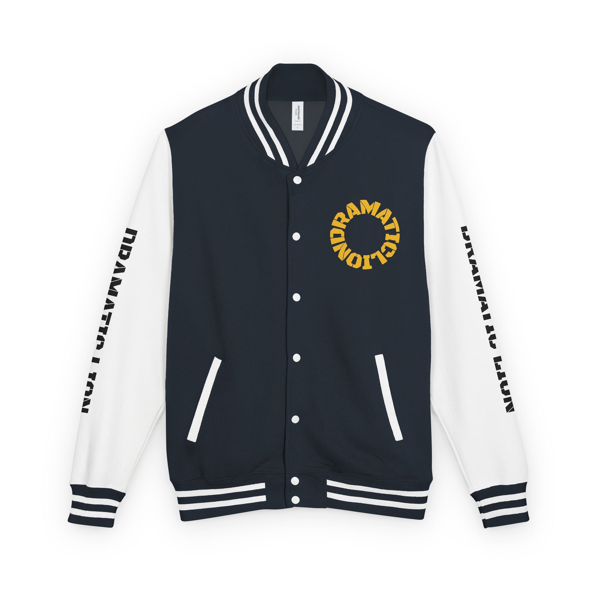 Burgundy and heather gray varsity letterman jacket front view with snap-front closure, striped rib-knit trim, front welt pockets, and circular DRAMATIC LION chest graphic