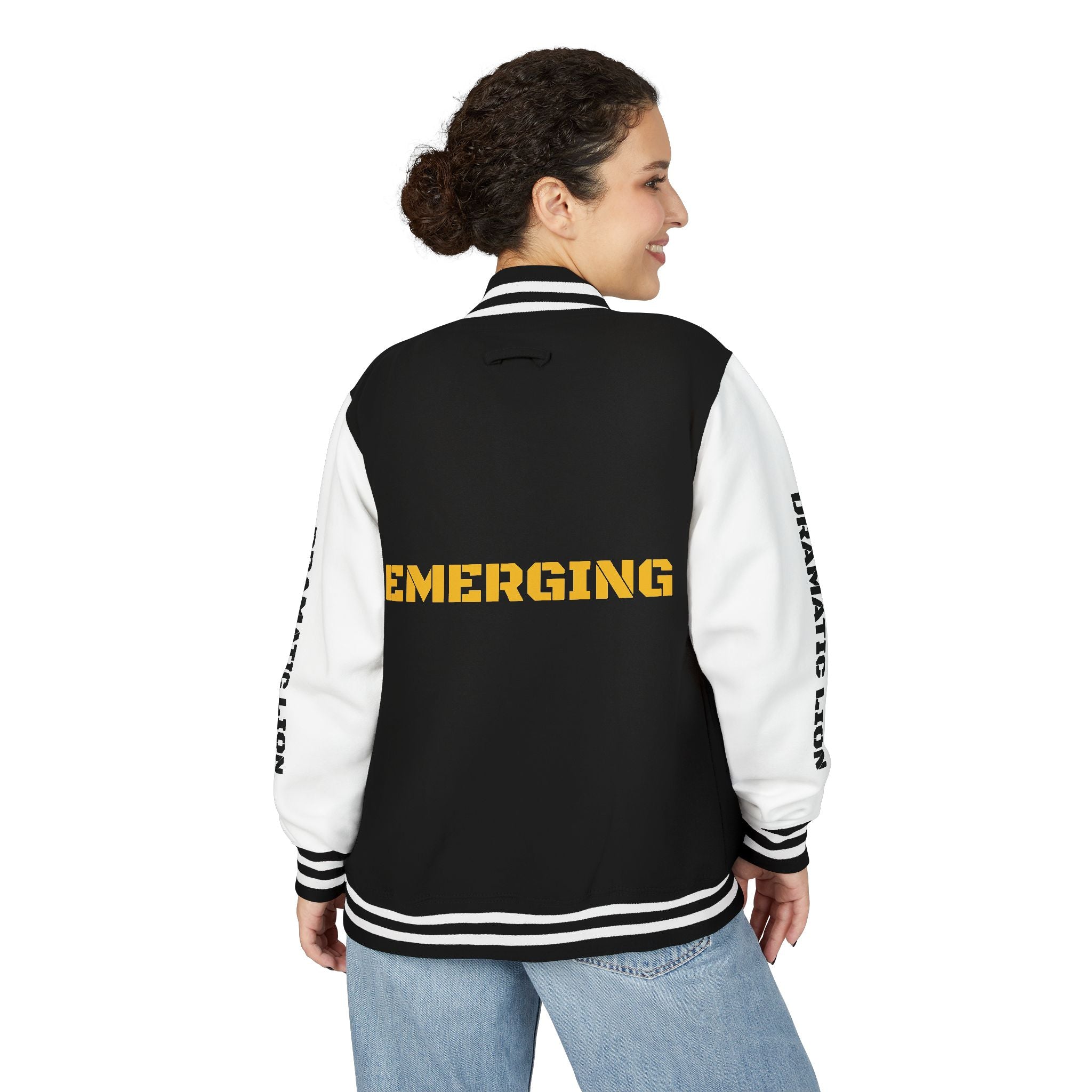 Burgundy and heather gray varsity letterman jacket front view with snap-front closure, striped rib-knit trim, front welt pockets, and circular DRAMATIC LION chest graphic
