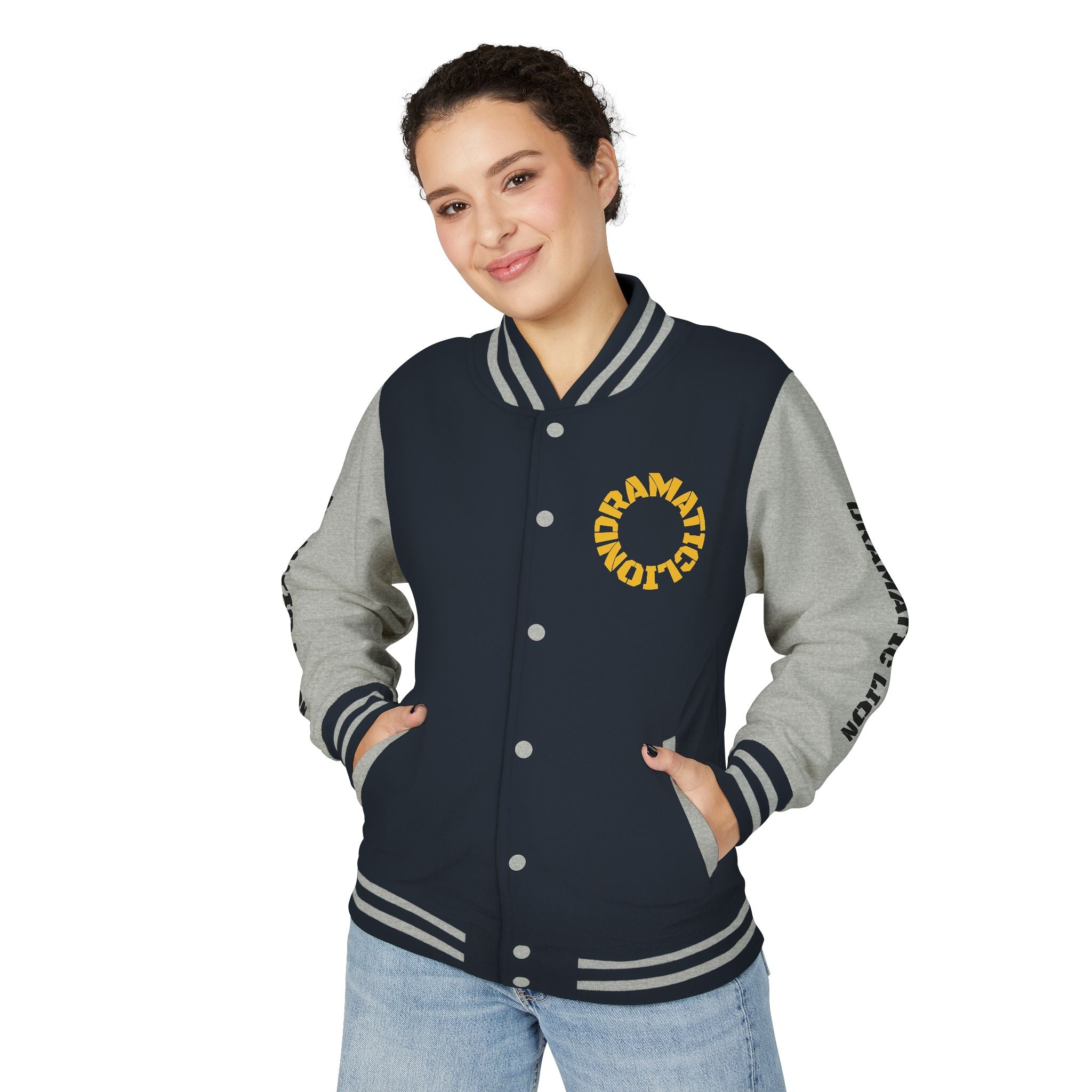 Burgundy and heather gray varsity letterman jacket front view with snap-front closure, striped rib-knit trim, front welt pockets, and circular DRAMATIC LION chest graphic