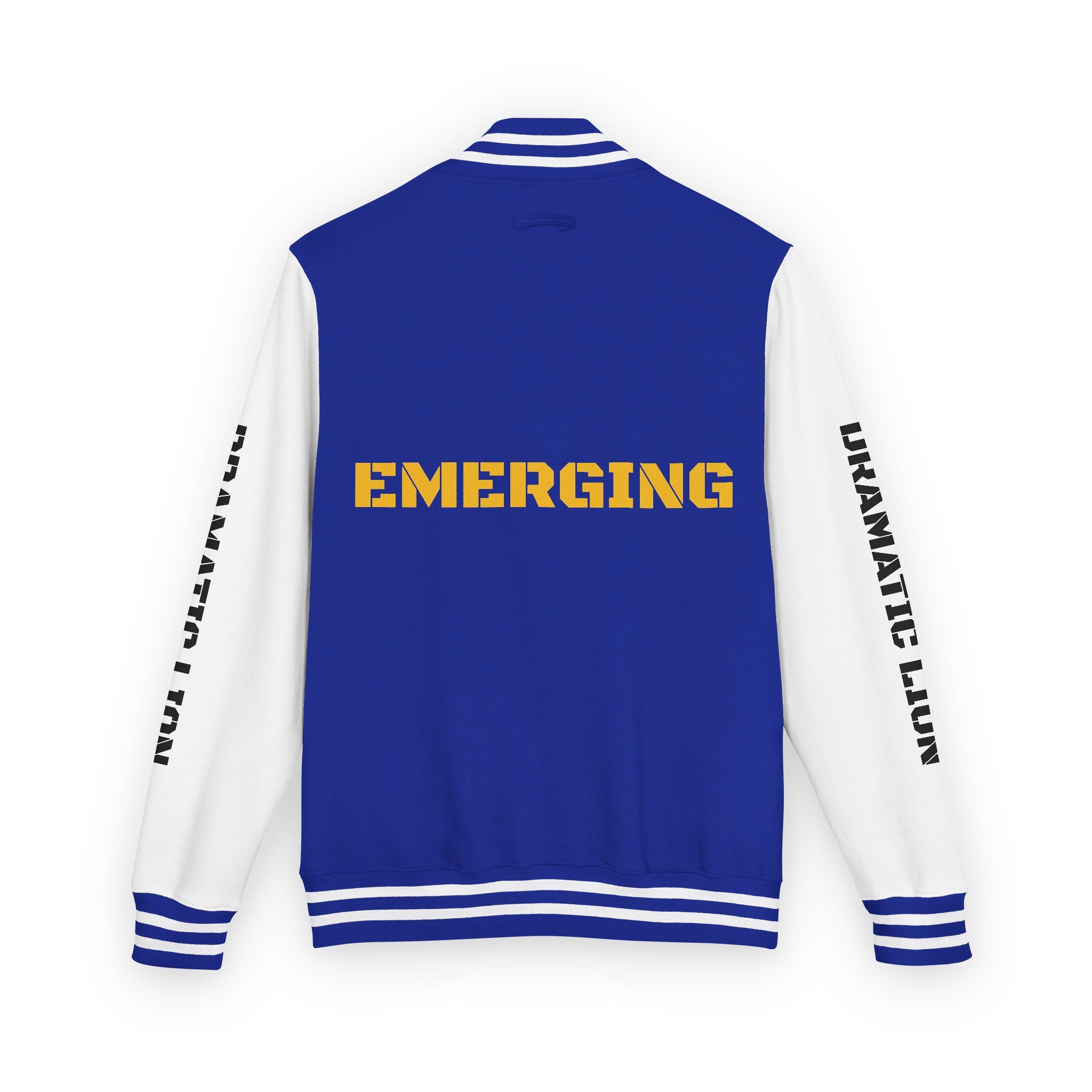 Burgundy and heather gray varsity letterman jacket front view with snap-front closure, striped rib-knit trim, front welt pockets, and circular DRAMATIC LION chest graphic