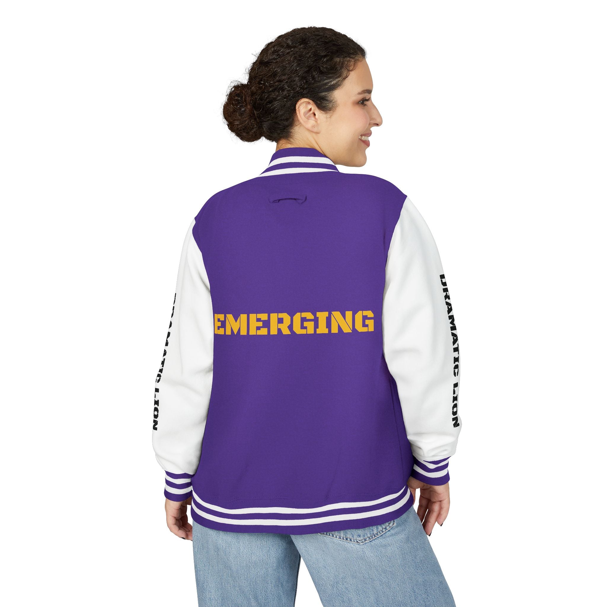 Burgundy and heather gray varsity letterman jacket front view with snap-front closure, striped rib-knit trim, front welt pockets, and circular DRAMATIC LION chest graphic