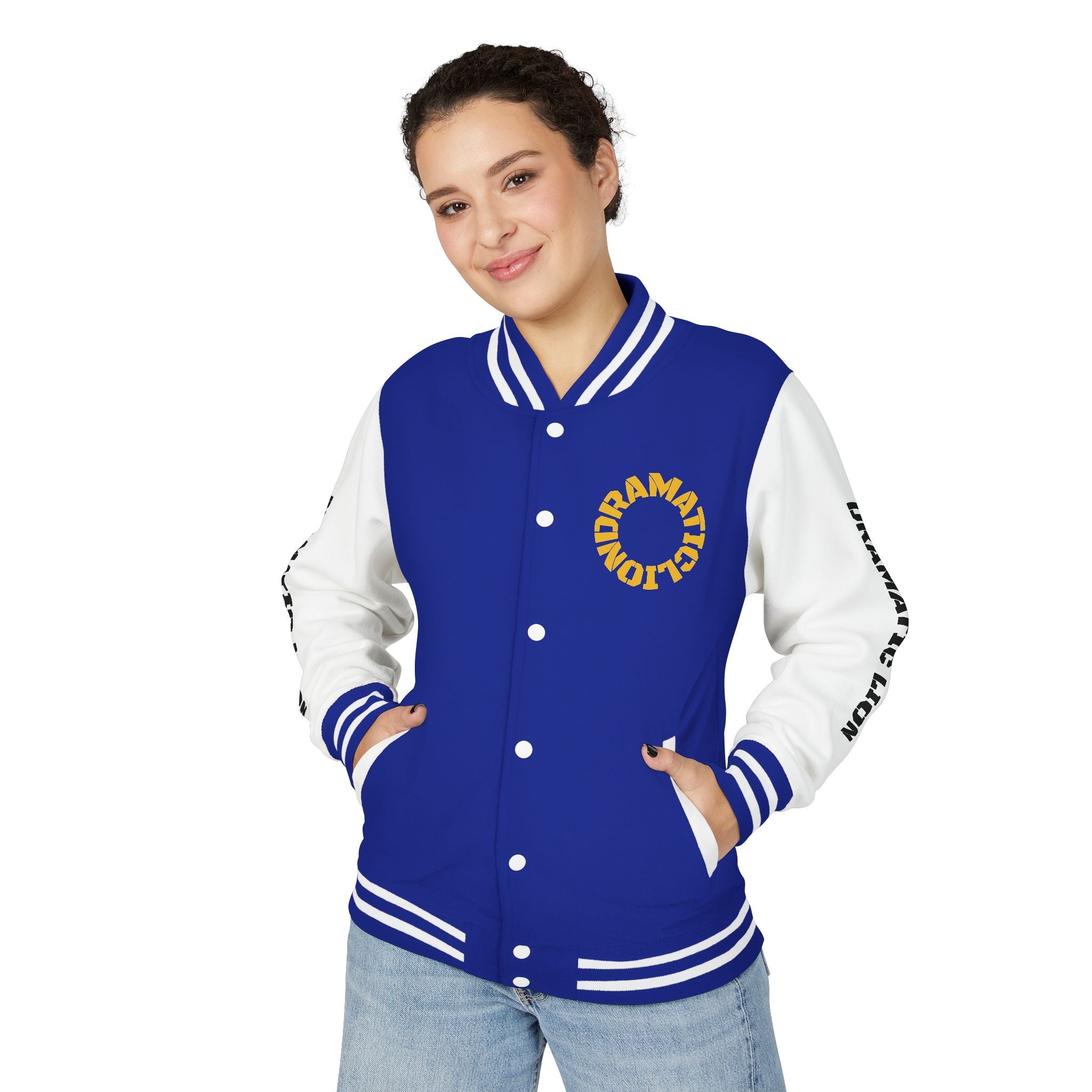 Burgundy and heather gray varsity letterman jacket front view with snap-front closure, striped rib-knit trim, front welt pockets, and circular DRAMATIC LION chest graphic