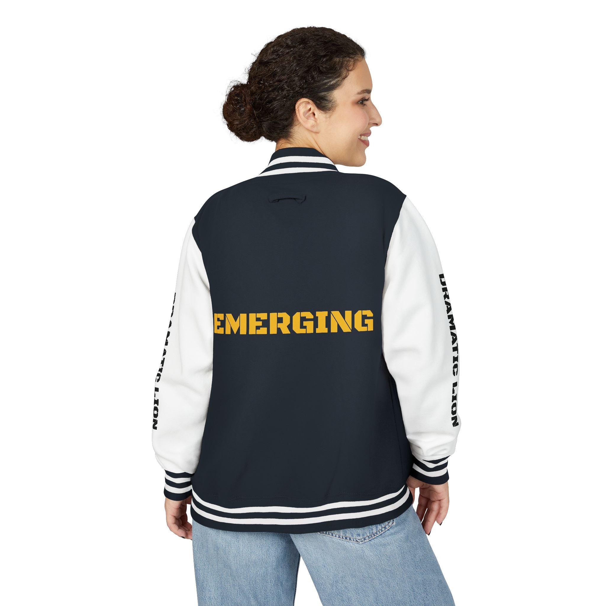 Burgundy and heather gray varsity letterman jacket front view with snap-front closure, striped rib-knit trim, front welt pockets, and circular DRAMATIC LION chest graphic