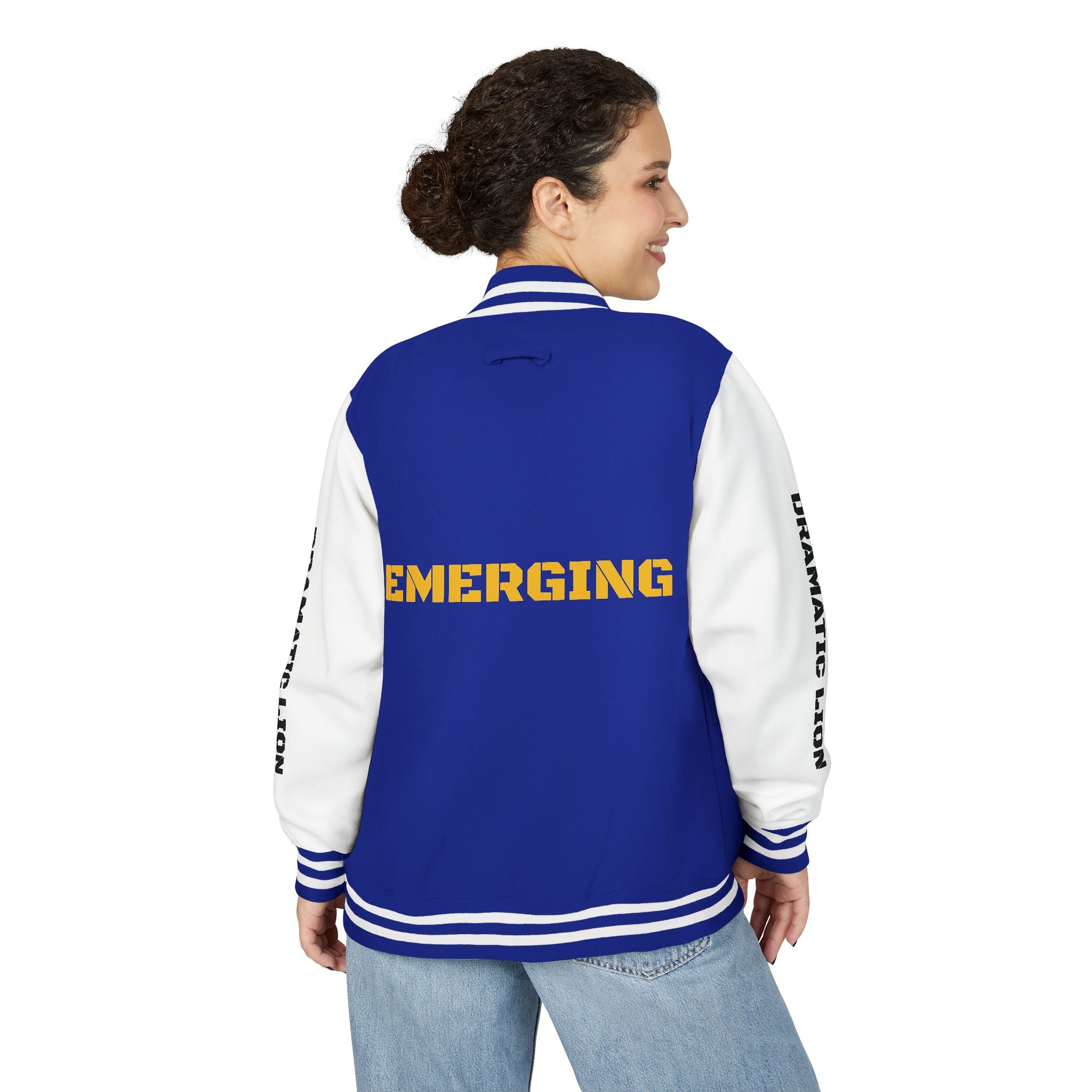 Burgundy and heather gray varsity letterman jacket front view with snap-front closure, striped rib-knit trim, front welt pockets, and circular DRAMATIC LION chest graphic