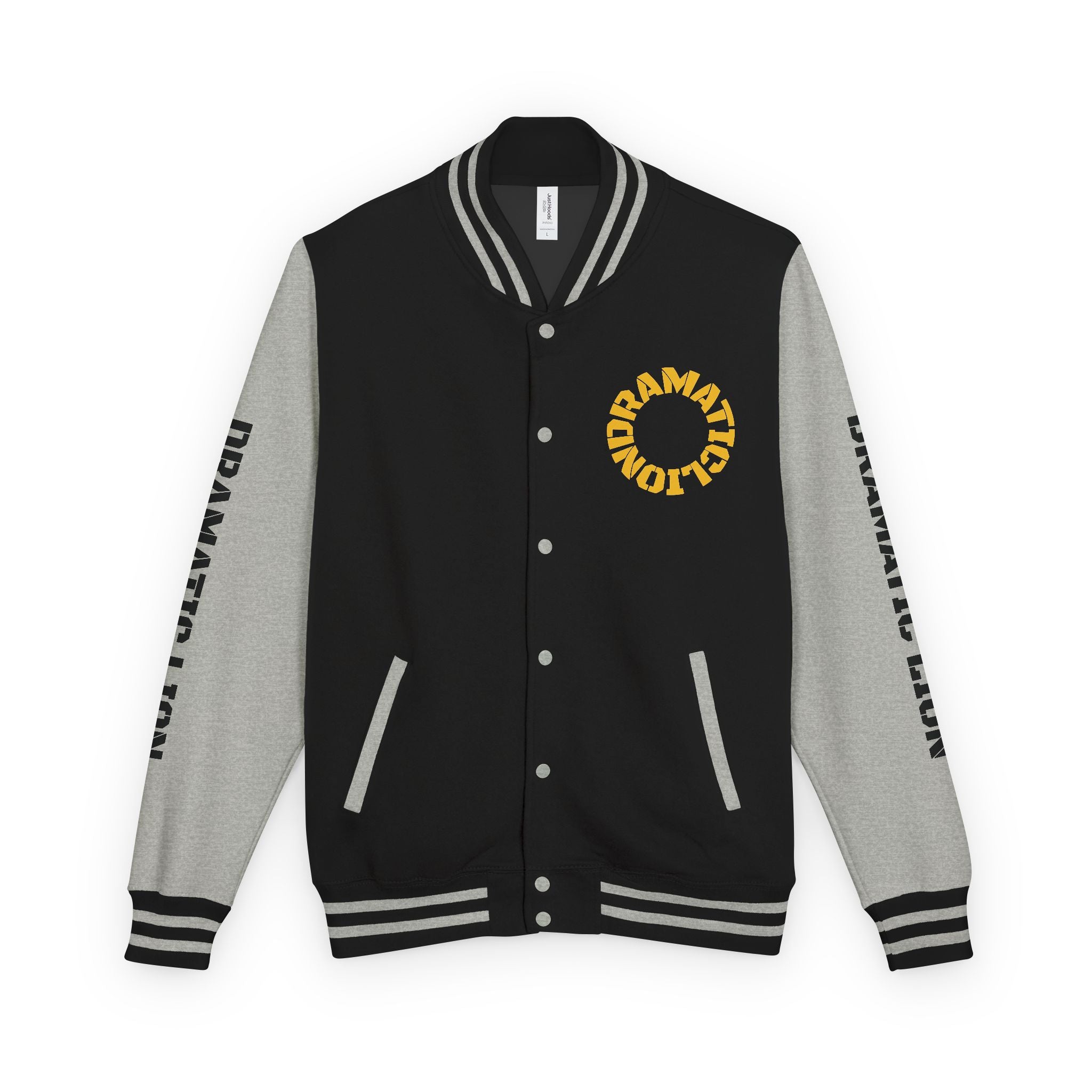 Burgundy and heather gray varsity letterman jacket front view with snap-front closure, striped rib-knit trim, front welt pockets, and circular DRAMATIC LION chest graphic