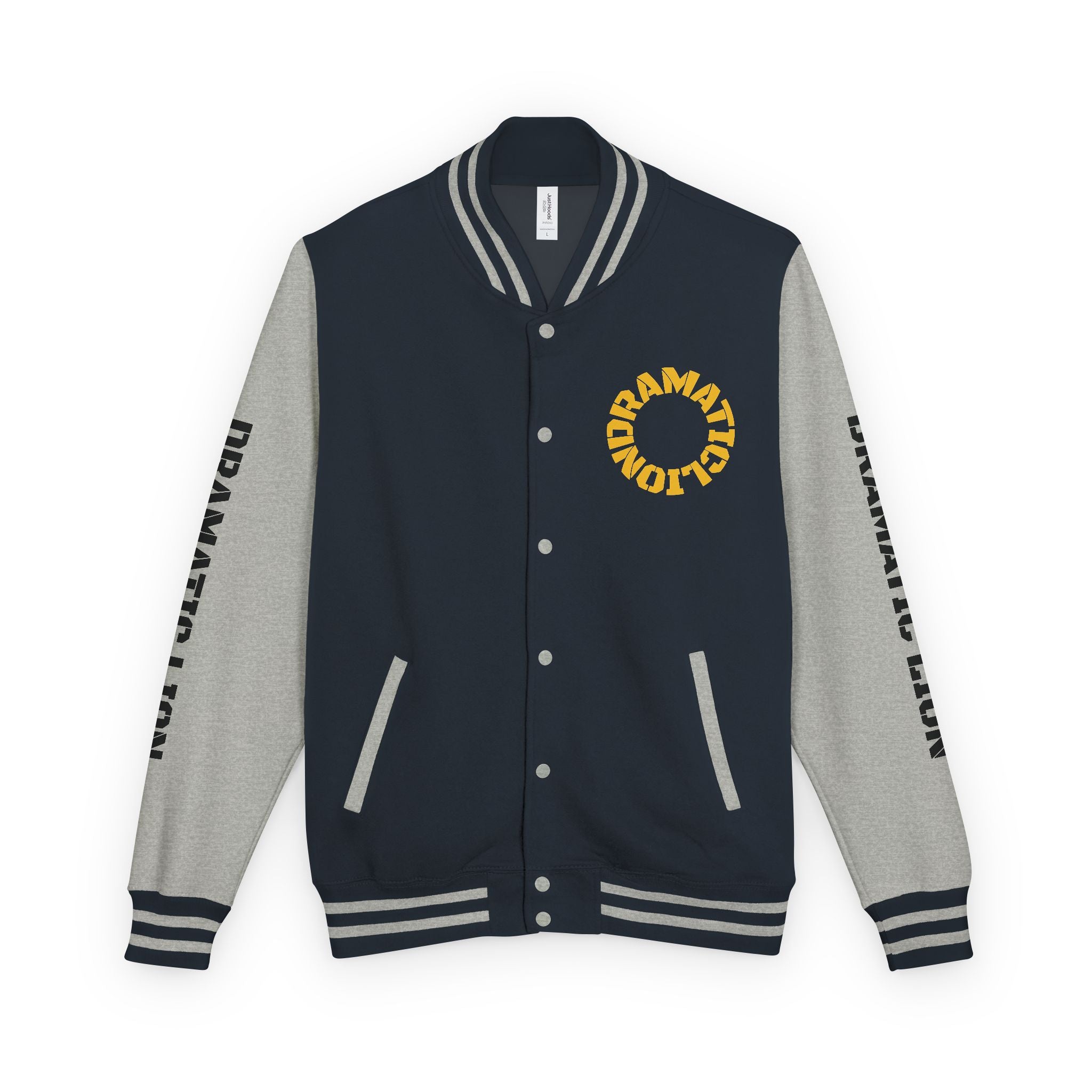Burgundy and heather gray varsity letterman jacket front view with snap-front closure, striped rib-knit trim, front welt pockets, and circular DRAMATIC LION chest graphic