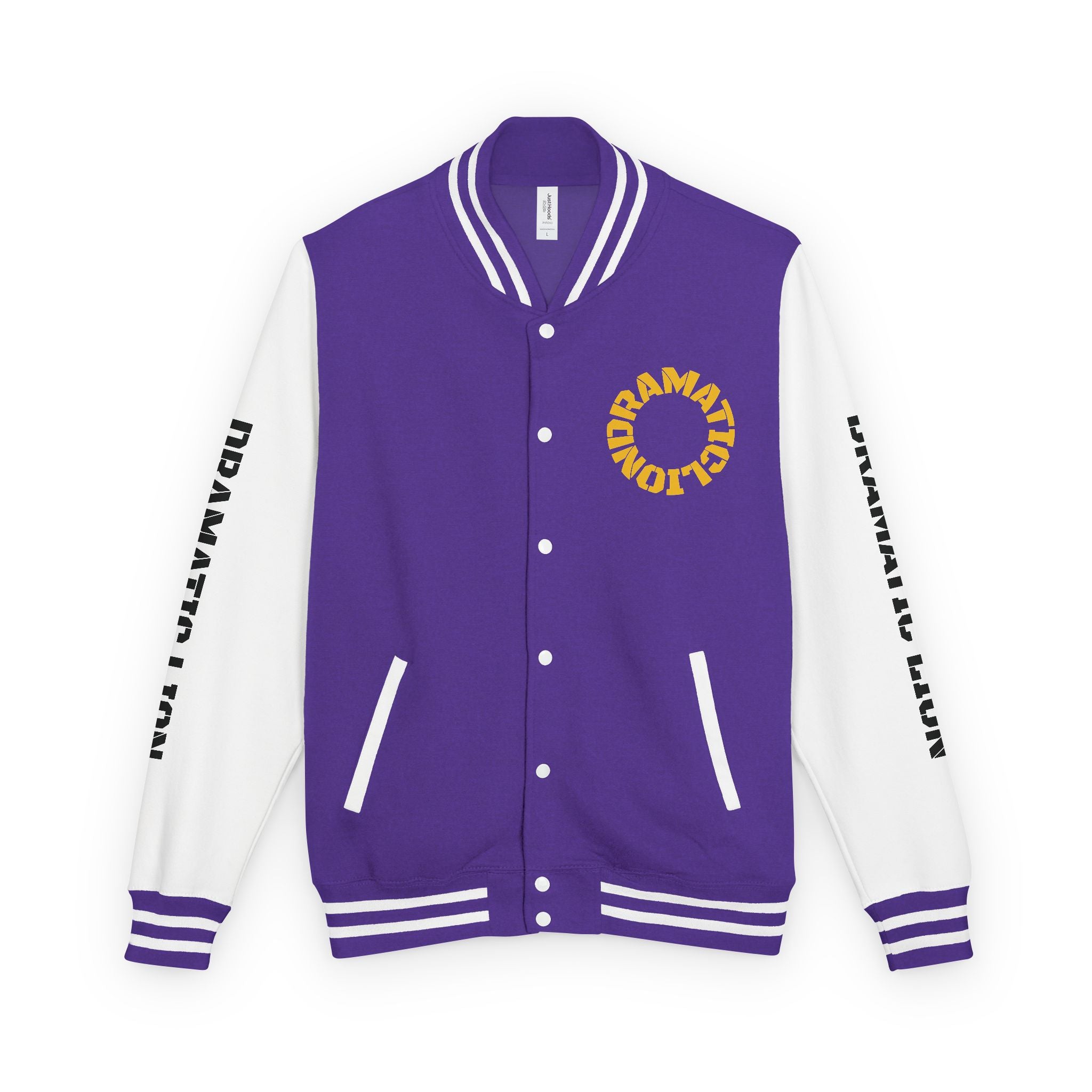 Burgundy and heather gray varsity letterman jacket front view with snap-front closure, striped rib-knit trim, front welt pockets, and circular DRAMATIC LION chest graphic